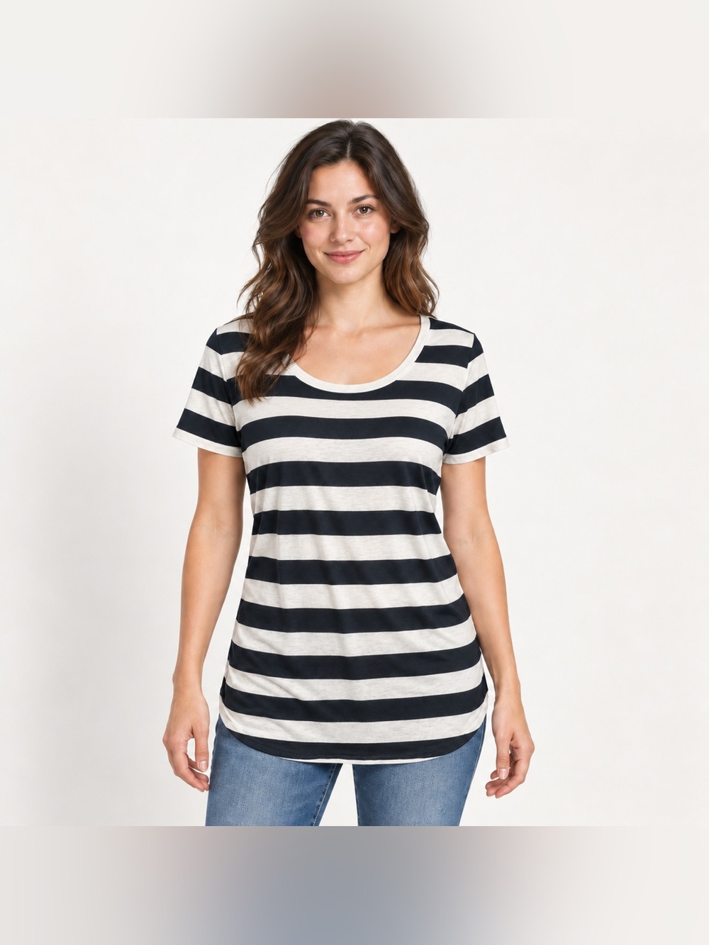 Merona Womans Size Large Black And White Striped Round Neck Shirt Short Sleeves
